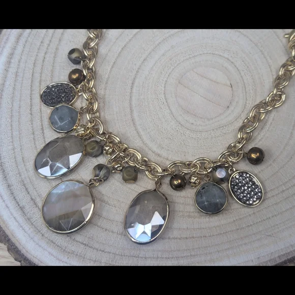 Gold Tone Agate Statement Necklace Stone Drop Collar Necklace Adjustable 16–20" - Picture 4 of 5